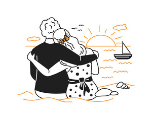 Illustration of a couple embracing at the beach during a sunset. They sit closely with content expressions. The sun sets over the ocean, creating a peaceful scene.