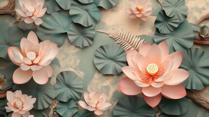 Close-up of lotus flowers surrounded by shadowed fern and bark pieces in tones of pastel peach dusty rose and eucalyptus green