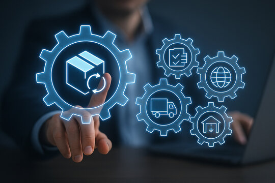 Person interacting with digital interface showing supply chain management with gears and icons