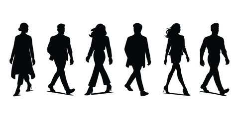 Silhouettes of fashionable men and women walking in modern stylish outfit poses
