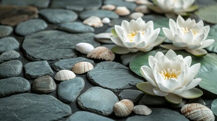Fototapeta premium Close-up of lotus flowers surrounded by stone tiles and tiny shells in tones of cool grey mint and linen white