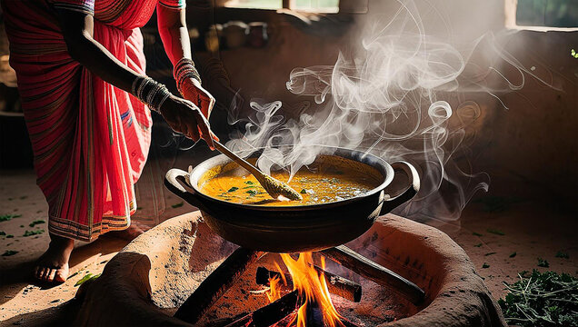 Woman in sari cooks traditional indian food over open fire