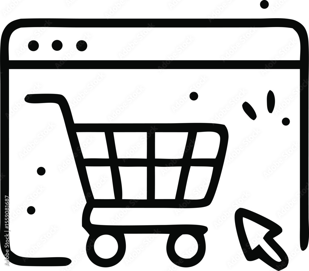 Poster online shopping concept illustration showcasing a shopping cart on a website with a cursor and addin