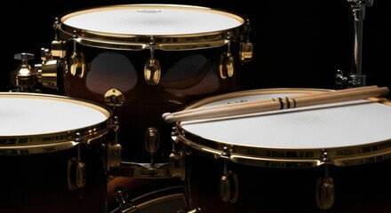Obraz premium A sophisticated drum kit with a dark, glossy finish and elegant gold hardware, with drumsticks resting on a tom, ready for a performance against a black background.