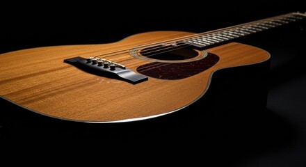 Close-up of a natural wood acoustic guitar, highlighting the body, bridge, and pickguard, with a shallow depth of field against a dark background, emphasizing its exquisite craftsmanship.
