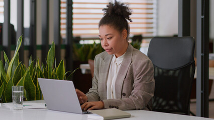 Serious ethnic woman African American girl businesswoman female employer broker agent lady business...