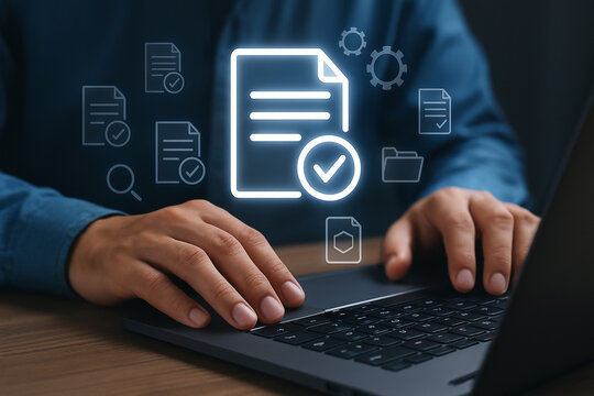 Man typing on laptop with digital document icons floating above the keyboard and the table surface