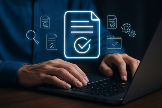 Person using laptop with digital document and checkmark icons overlayed on the screen display view