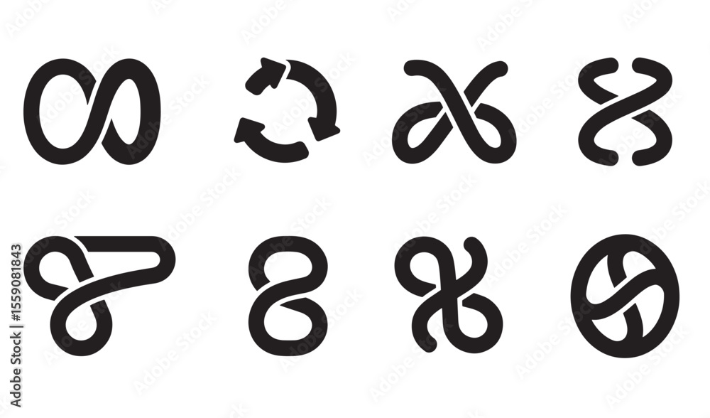 Poster minimalist black icon set featuring various loops, infinites, and arrow symbols for design elements.
