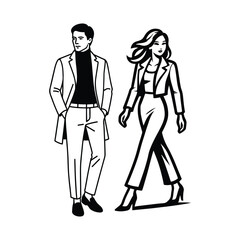 Stylish couple in trendy coats and heels walking confidently with a fashionable flair