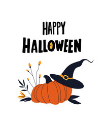 Halloween Pumpkin with Witch Hat and Autumn Leaves Flat Seasonal Greeting