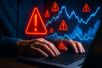 Person typing on laptop with warning signs and financial graph displayed on the screen behind hands