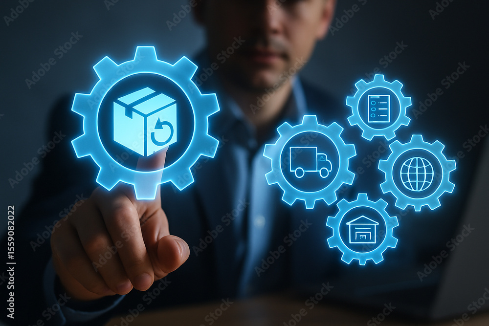 Poster man pointing at a gear with a box and arrow icon representing logistics and supply chain management 