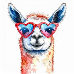 Watercolor Llama Portrait with Heart Sunglasses