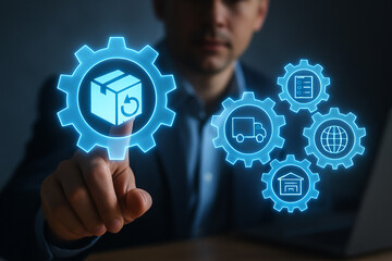 Man pointing at a gear with a box and arrow icon representing logistics and supply chain management concept