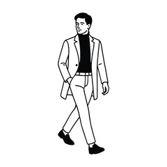 Smart young male character illustration with hands in pockets wearing classic coat and pants