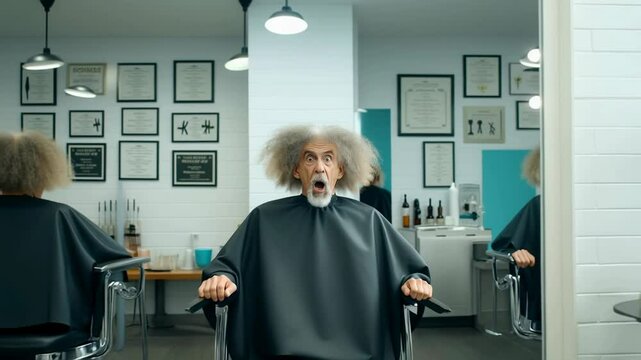 Man shocked and outraged by unexpected haircut at a salon during unexpected transformation session
