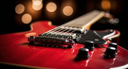Close-up of a glossy red electric guitar's body, strings, and controls, bathed in soft, warm, blurred bokeh lights, creating an inviting and intimate musical atmosphere.