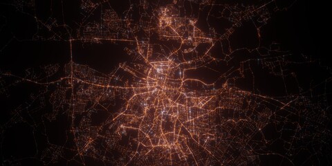 Kaliningrad (Russia) night view with street lights. Aerial shot from space. top view heading south, 