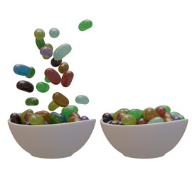 3d render of jelly beans falling into bowl beside full candy dish on transparent background, colorful sweet treat explosion in motion