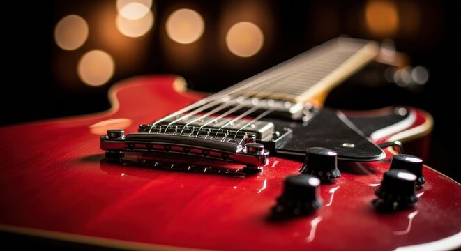 Close-up of a glossy red electric guitar's body, strings, and controls, bathed in soft, warm, blurred bokeh lights, creating an inviting and intimate musical atmosphere.
