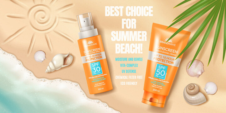 Realistic illustration of sunscreen products on a sandy beach. Bright orange bottles with SPF labeling. Includes seashells and palm leaves, promoting summer skincare.