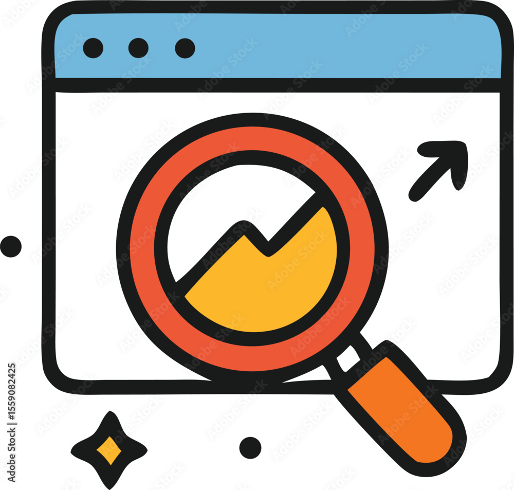 Aufkleber data analysis presented within a stylized interface with a magnifying glass over an ascending graph,