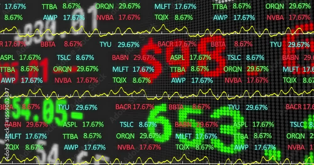 Poster on opening stock ticker percentages updating, value flashing as yellow line tracing volatility