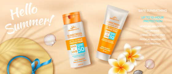 Sunscreen bottles on sandy beach background. Bright colors, promoting sun protection and skincare. Includes frangipani flowers and seashells for a summer vibe.