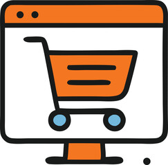 Online shopping cart on a computer screen illustration depicting e-commerce and digital retail experience offering convenience and accessibility