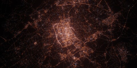 Murcia (Spain) night view with street lights. Aerial shot from space. top view heading south, 