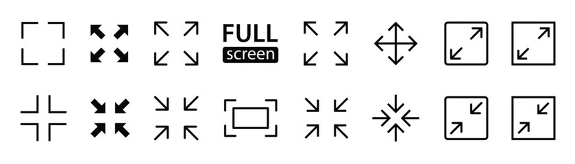 Full screen and exit screen. Arrows and scalable interface symbols for web, app, media, and UI design. maximize and minimize line Arrows icon set. Screen size control icons. Vector illustration.