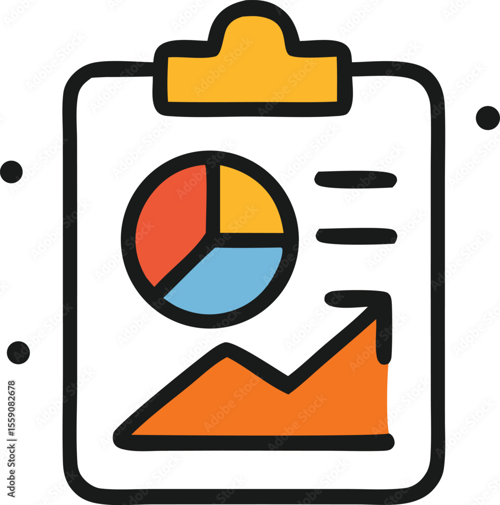 Poster data analysis on a clipboard with pie chart and graph indicating growth and progress, presenting bus