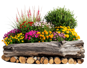 Dead tree fallen and lying on the ground. Cutout tree trunk surrounded by flowers. Ga