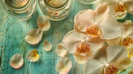 Close-up of orchid petals surrounded by glass jars and wood textures in tones of soft green pale yellow and clear tones