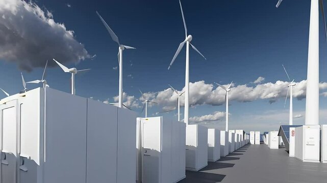Solar panels and wind turbines with white storage battery boxes in front