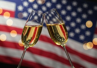 Champagne glasses toasting with american flag in the background