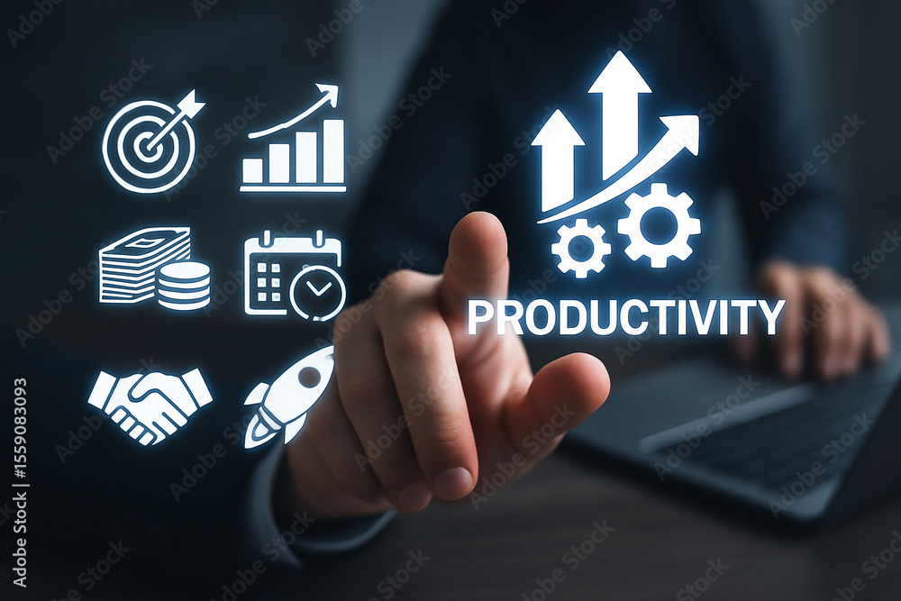 Poster a person touching a screen with productivity icons and the word productivity displayed on the screen