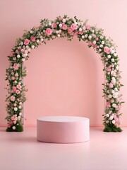 Podium Product Display Delicate Floral Archway on a Pastel Pink Backdrop. Studio Quality Lighting