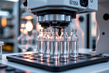 Laboratory quality control testing of glass bottles research facility scientific process sterile environment close-up view