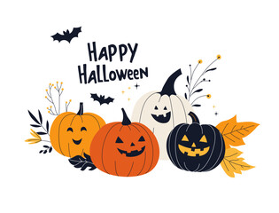 Happy Halloween with Pumpkins, Bats and Fall Leaves. Festive Autumn Greeting Card