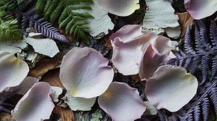 Close-up of rose petals surrounded by shadowed fern and bark pieces in tones of lavender cream and moss green
