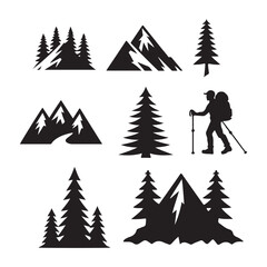 Fototapeta premium Silhouette collection of mountain and forest scenes with a hiker
