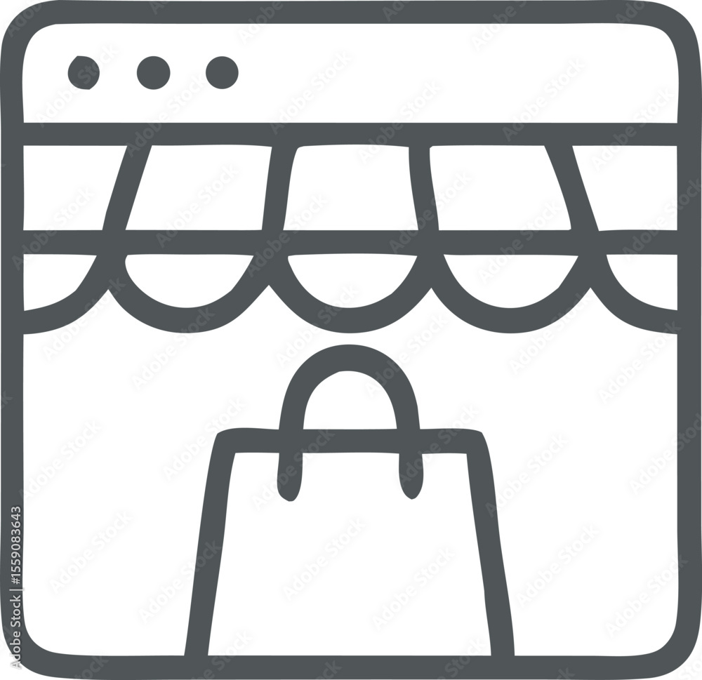 Poster online shopping store icon displays a shopping bag under a virtual awning, symbolizing e-commerce an