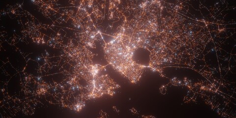 Portland (USA, Maine) night view with street lights. Aerial shot from space. top view heading west, 