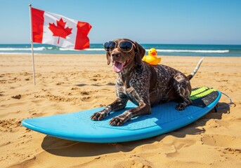 A dog surfs with a canadian flag and rubber duck on the beach