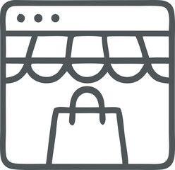 Online shopping store icon displays a shopping bag under a virtual awning, symbolizing e-commerce and retail experience with three dots above as browser controls.