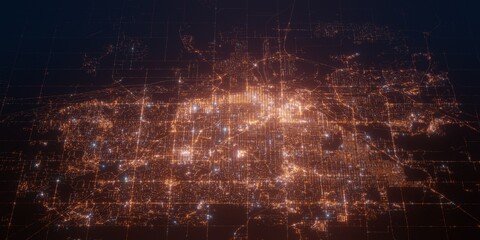 Lincoln (USA, Nebraska) night view with street lights. Aerial shot from space. perspective view heading west, 