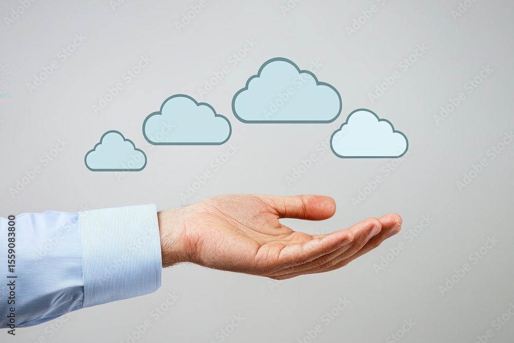 Poster cloud computing concepts hand reaching for digital clouds minimalist style studio setting innovative