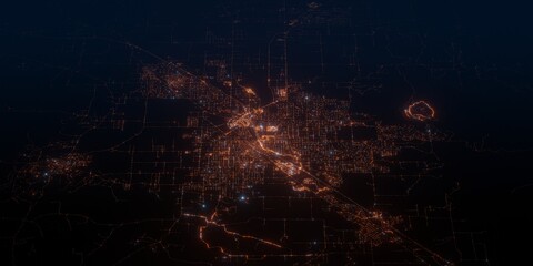 Medford (USA, Oregon) night view with street lights. Aerial shot from space. perspective view heading north, . 3d render, Illustration